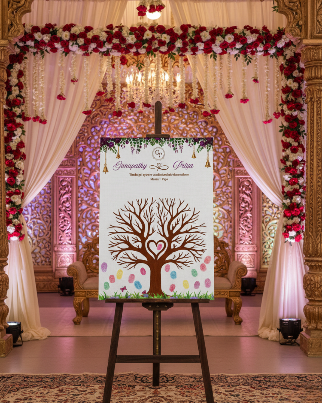 A unique A2 canvas guest book alternative where guests leave their fingerprint. This complete package includes a sturdy wood stand and a set of vibrant fingerprint colors.